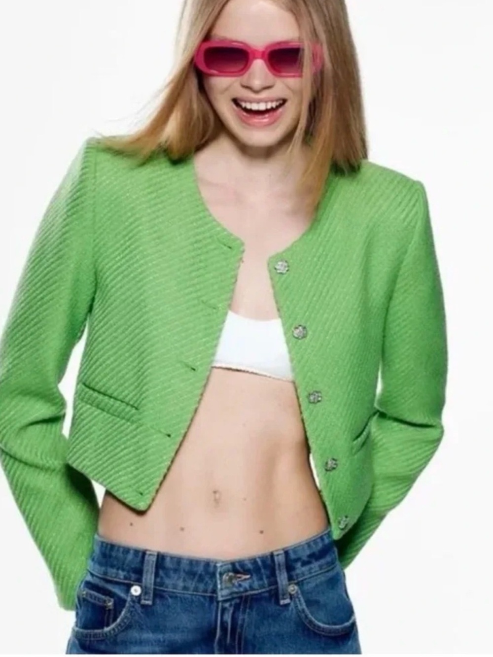 Zara textured crop green jacket size M